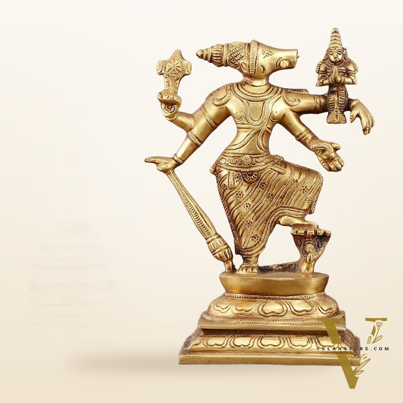 Pure Brass Lord Varaha with Goddess Lakshmi & Bhumi Devi – 8.5 inch