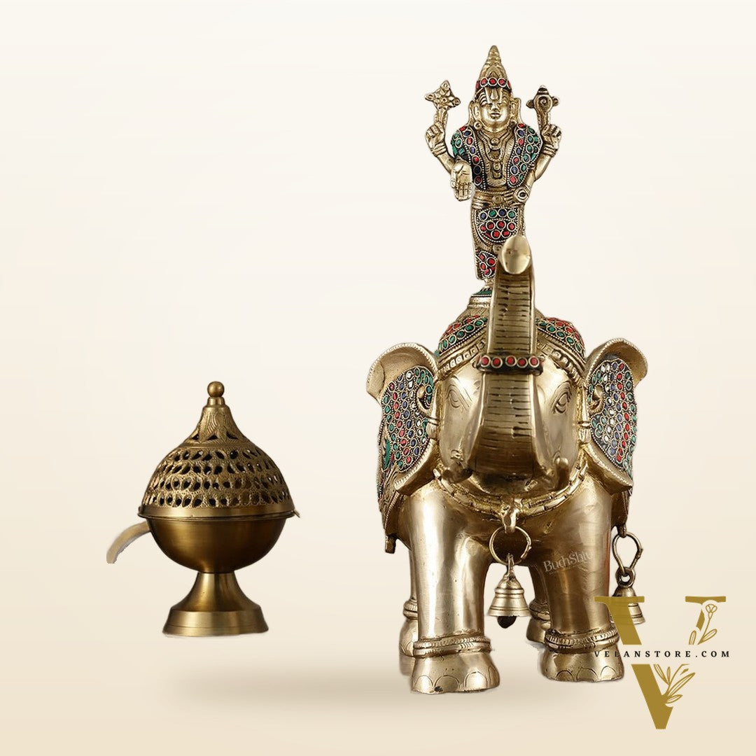 Pure Brass Lord Venkateshwara Swamy on Elephant with Fine Engravings & Stonework – 16.5 Inch