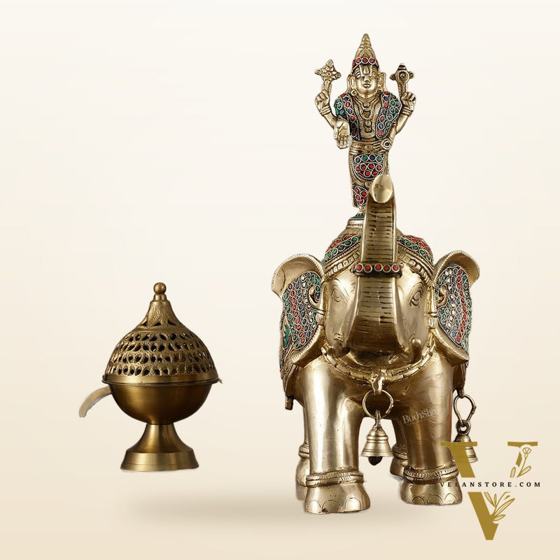 Pure Brass Lord Venkateshwara Swamy on Elephant with Fine Engravings & Stonework – 16.5 Inch