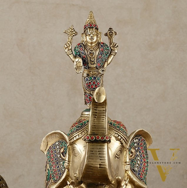 Pure Brass Lord Venkateshwara Swamy on Elephant with Fine Engravings & Stonework – 16.5 Inch
