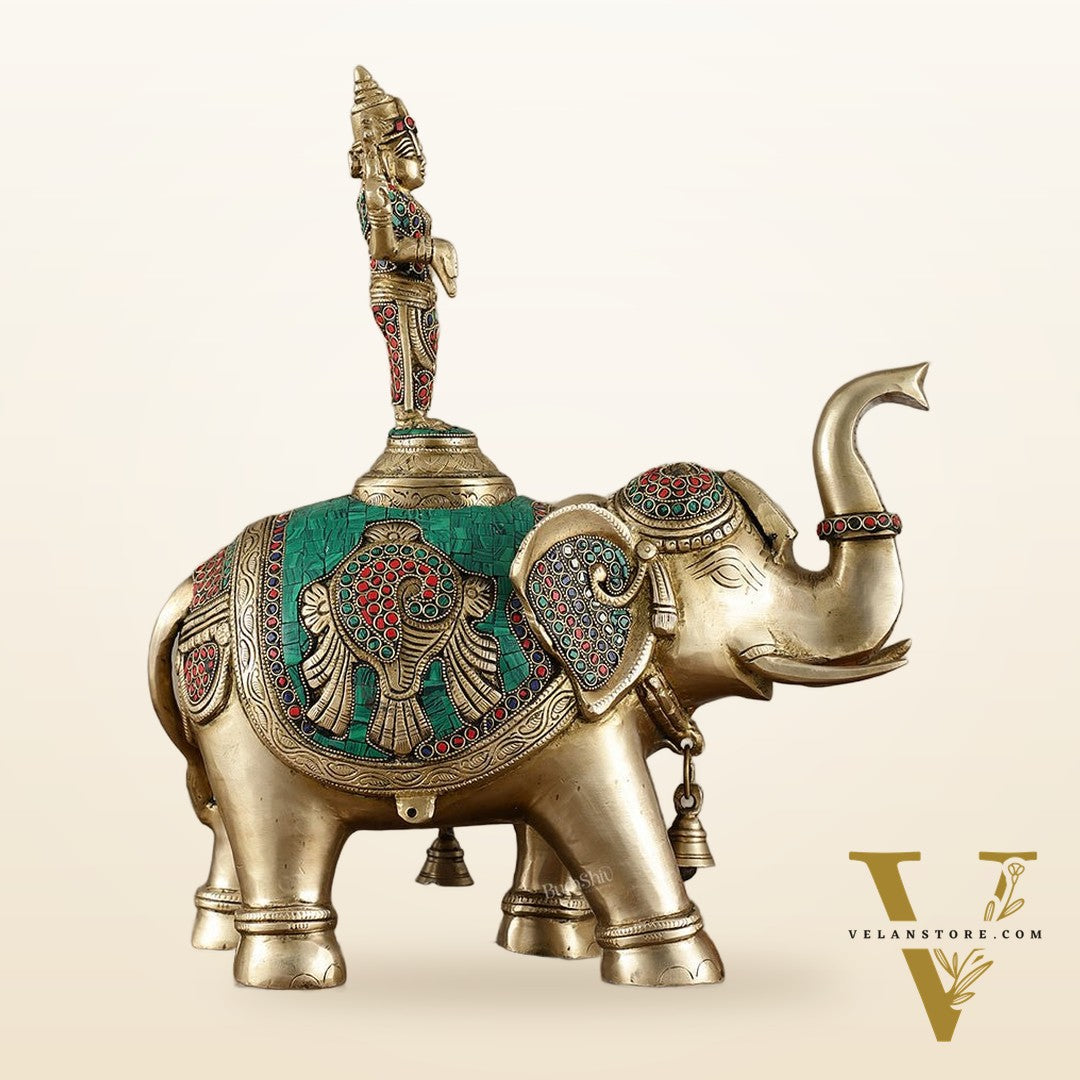 Pure Brass Lord Venkateshwara Swamy on Elephant with Fine Engravings & Stonework – 16.5 Inch