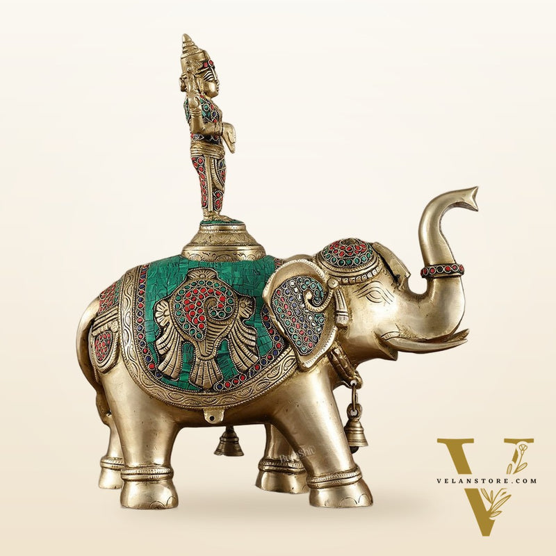 Pure Brass Lord Venkateshwara Swamy on Elephant with Fine Engravings & Stonework – 16.5 Inch