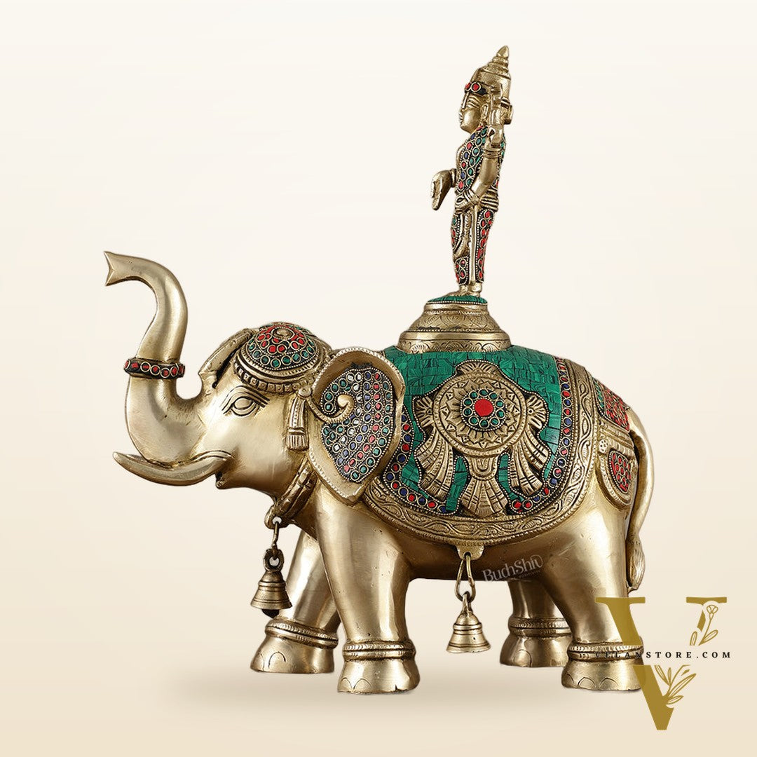 Pure Brass Lord Venkateshwara Swamy on Elephant with Fine Engravings & Stonework – 16.5 Inch