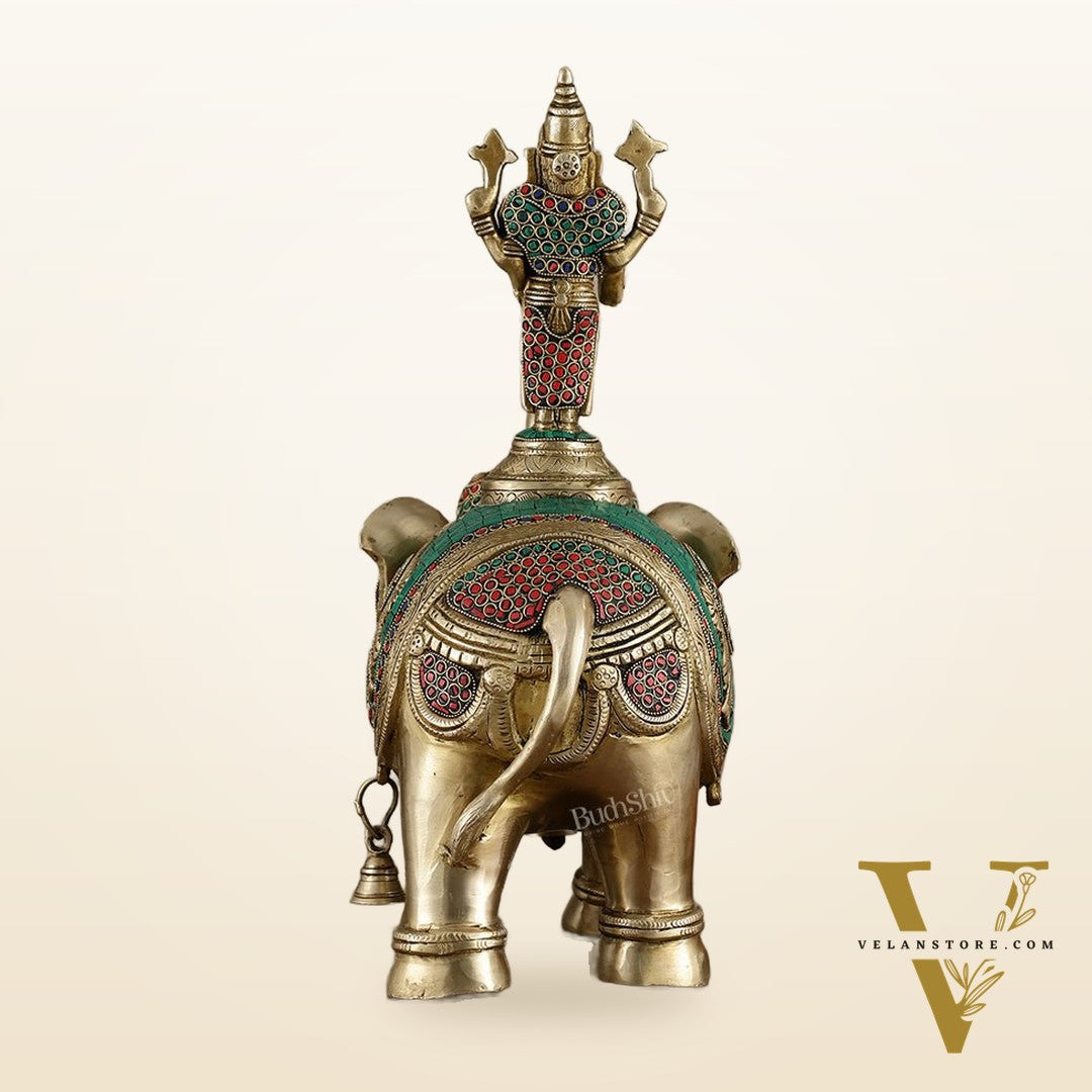 Pure Brass Lord Venkateshwara Swamy on Elephant with Fine Engravings & Stonework – 16.5 Inch