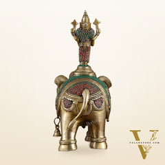 Pure Brass Lord Venkateshwara Swamy on Elephant with Fine Engravings & Stonework – 16.5 Inch