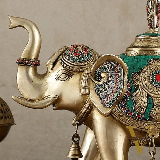 Pure Brass Lord Venkateshwara Swamy on Elephant with Fine Engravings & Stonework – 16.5 Inch