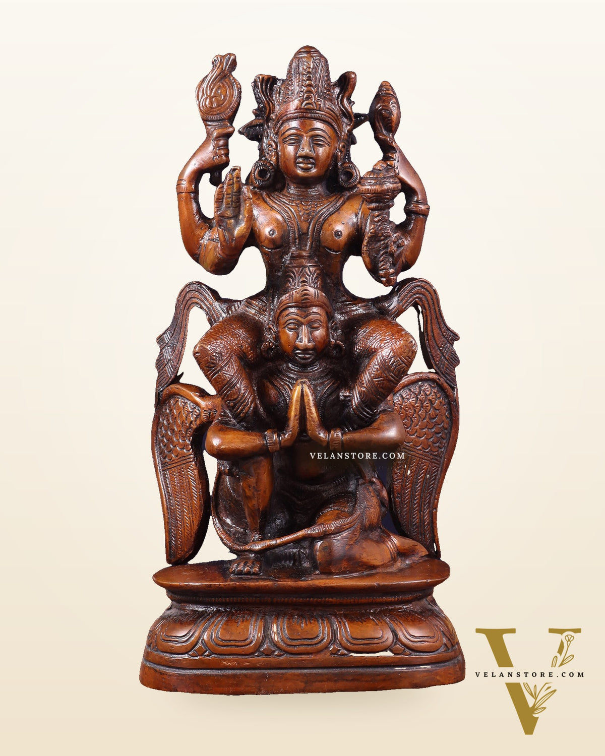 Pure Brass Lord Vishnu Seated on Garuda Statue - 8 inch