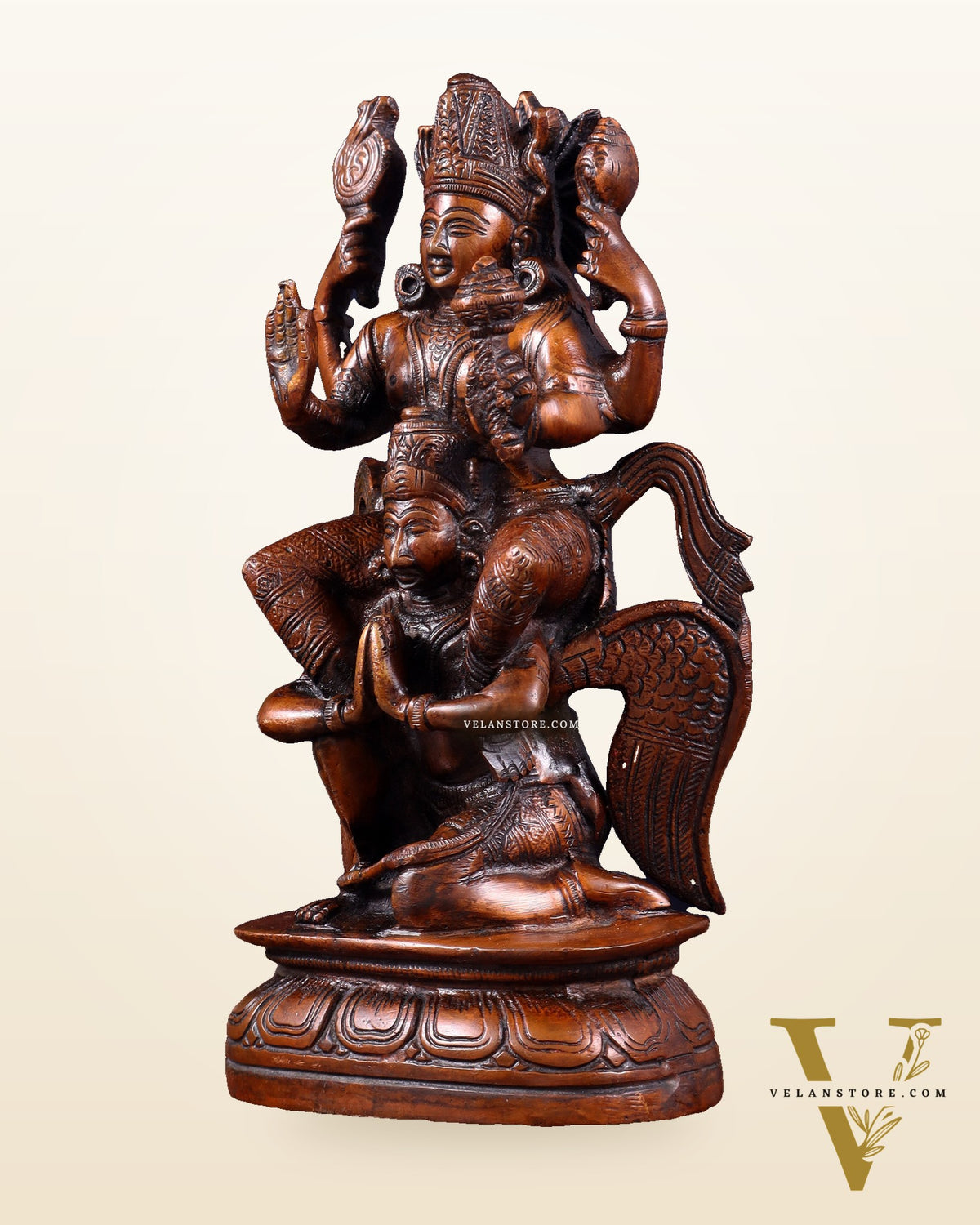Pure Brass Lord Vishnu Seated on Garuda Statue - 8 inch