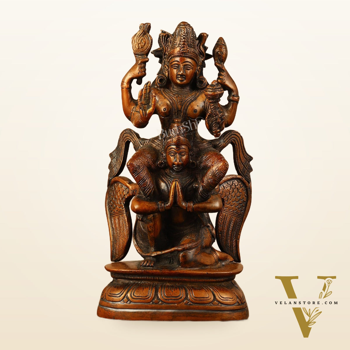 Pure Brass Lord Vishnu Seated on Garuda Statue - 8"