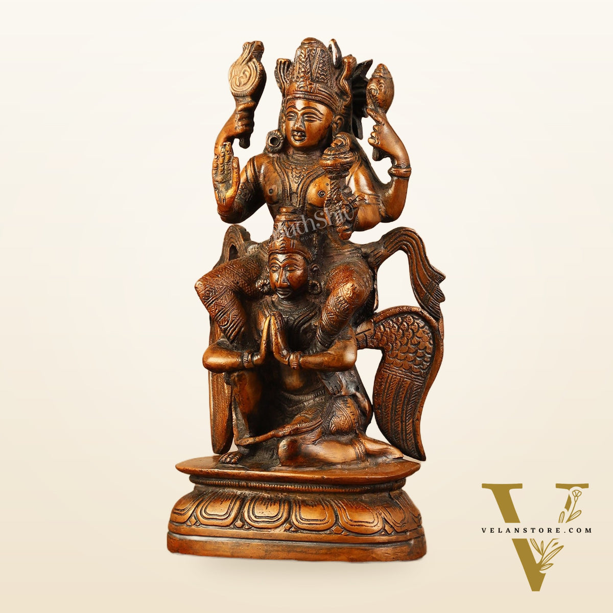 Pure Brass Lord Vishnu Seated on Garuda Statue - 8"