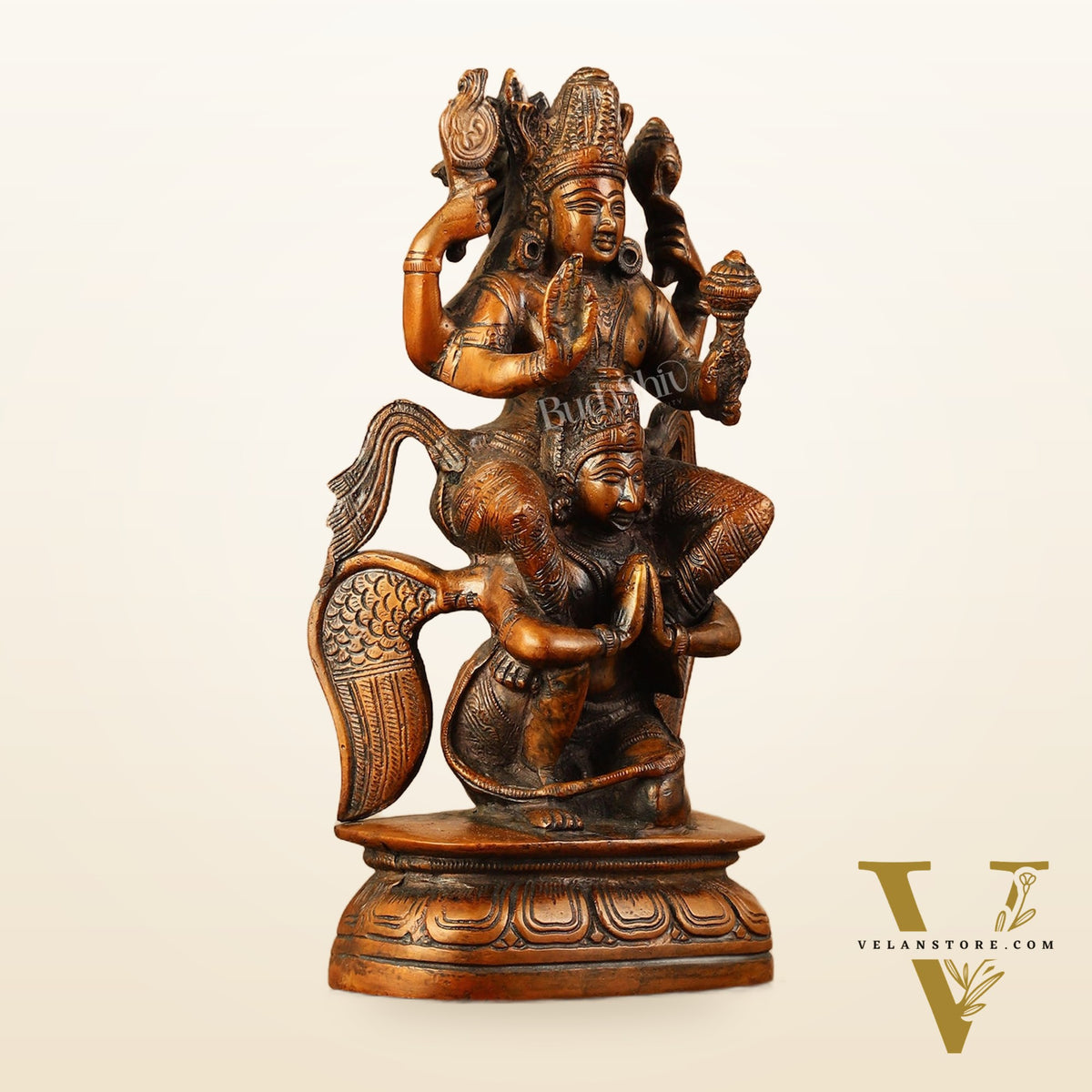 Pure Brass Lord Vishnu Seated on Garuda Statue - 8"