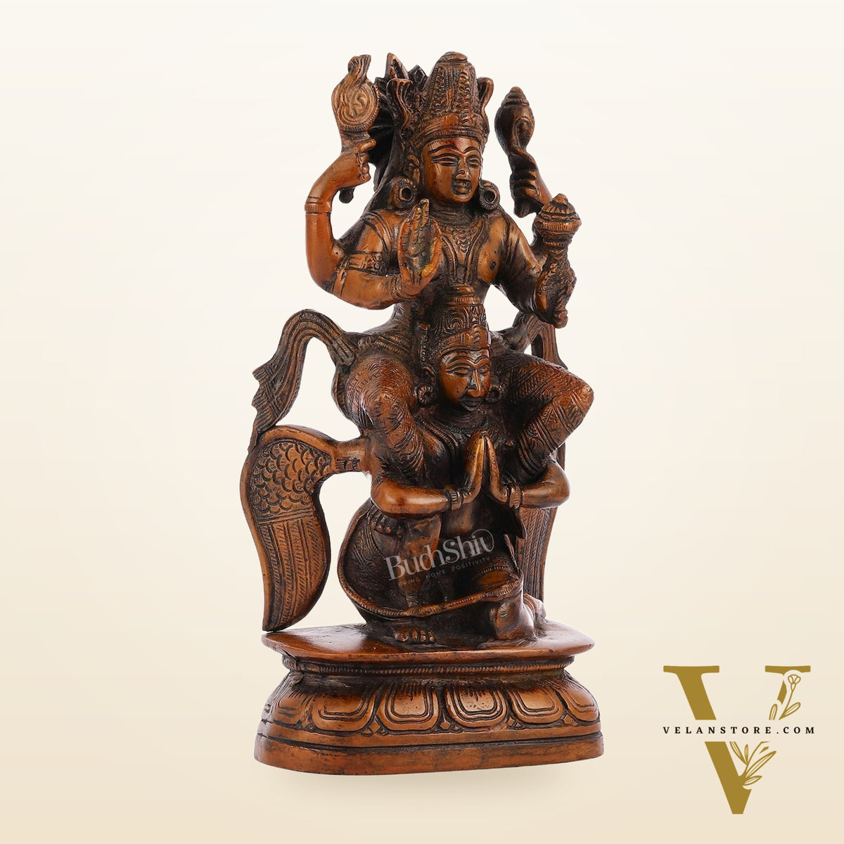 Pure Brass Lord Vishnu Seated on Garuda Statue - 8"