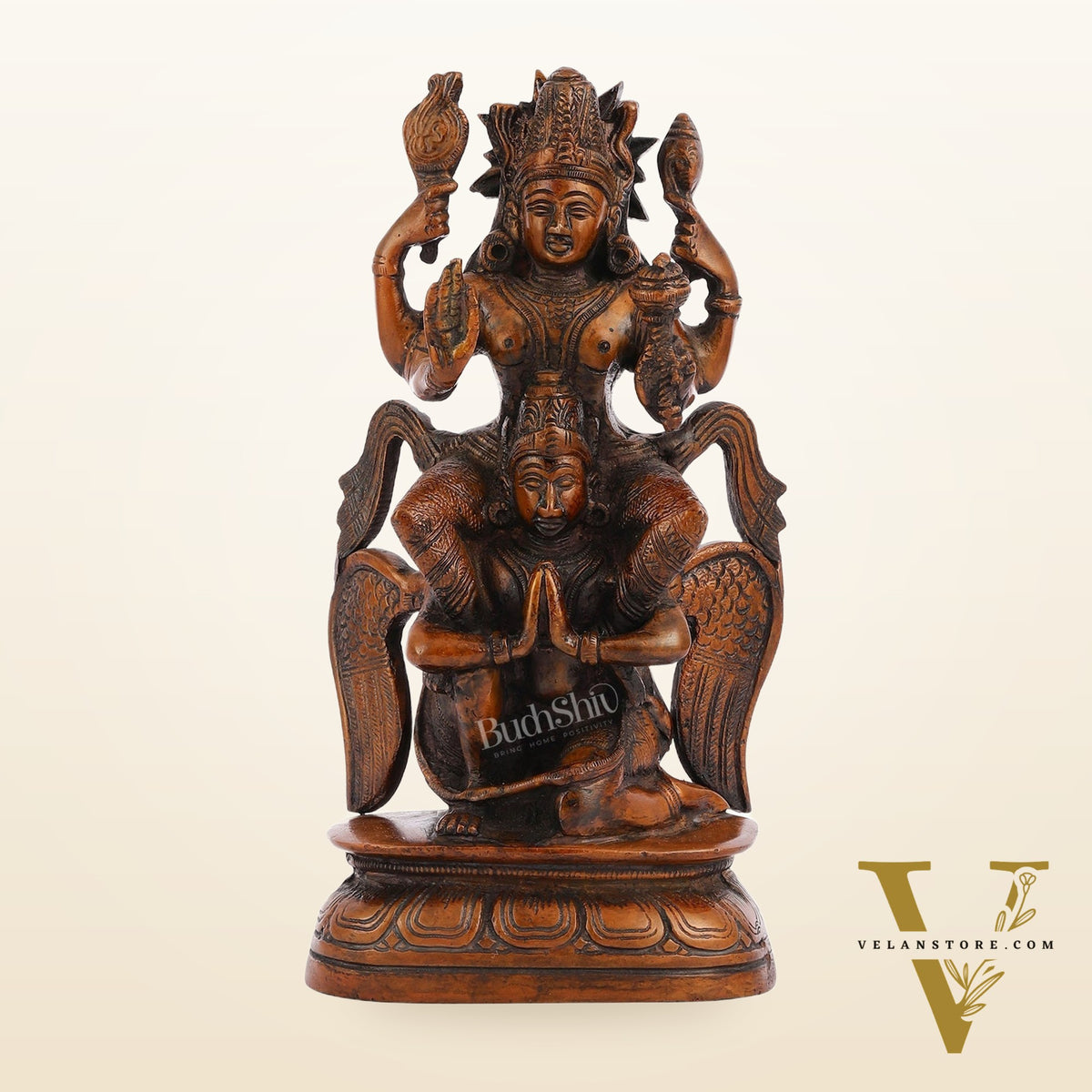 Pure Brass Lord Vishnu Seated on Garuda Statue - 8"