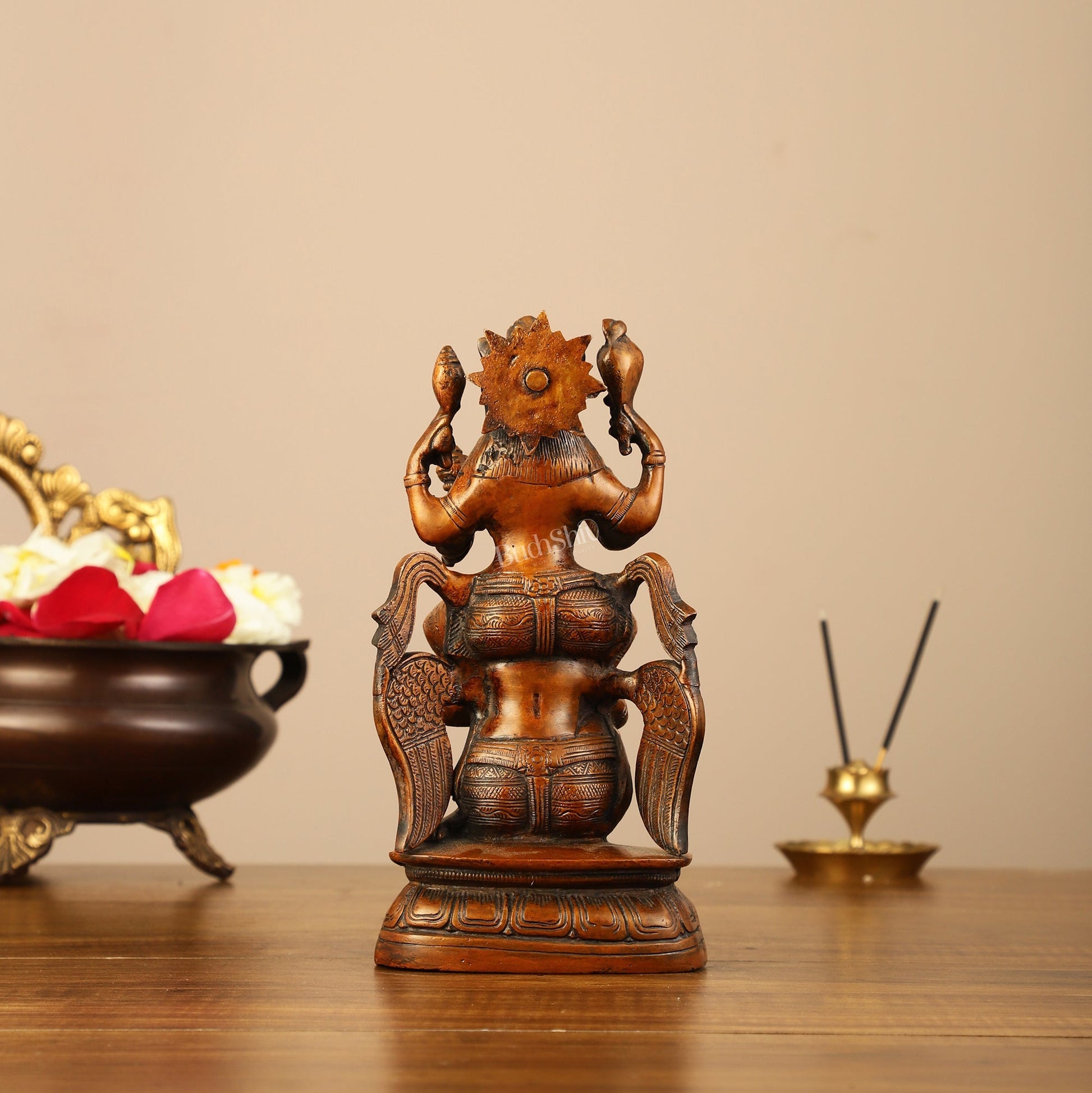 Pure Brass Lord Vishnu Seated on Garuda Statue - 8"