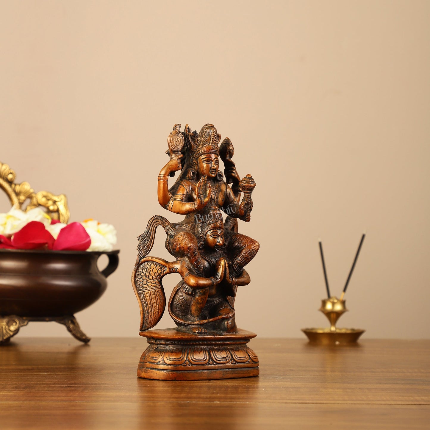 Pure Brass Lord Vishnu Seated on Garuda Statue - 8"