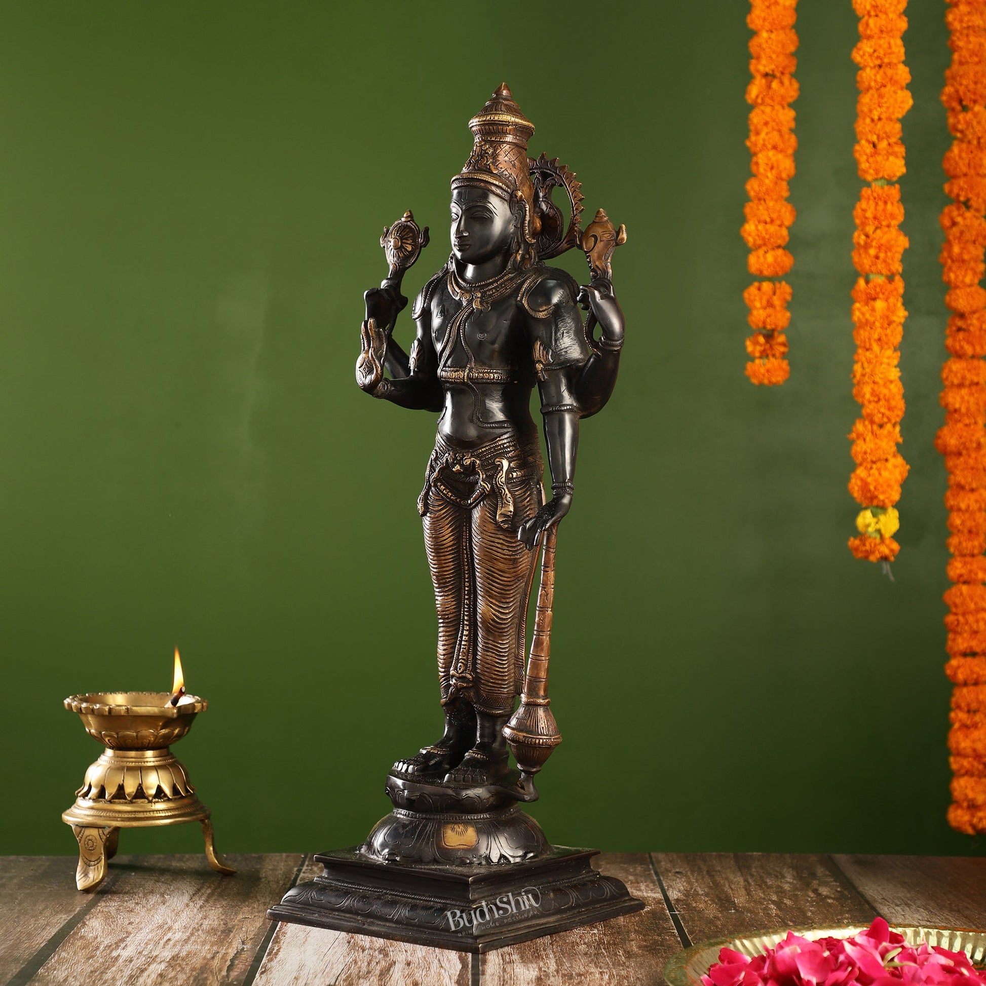 Pure Brass Lord Vishnu Statue | 20" Height | Black Gold Finish