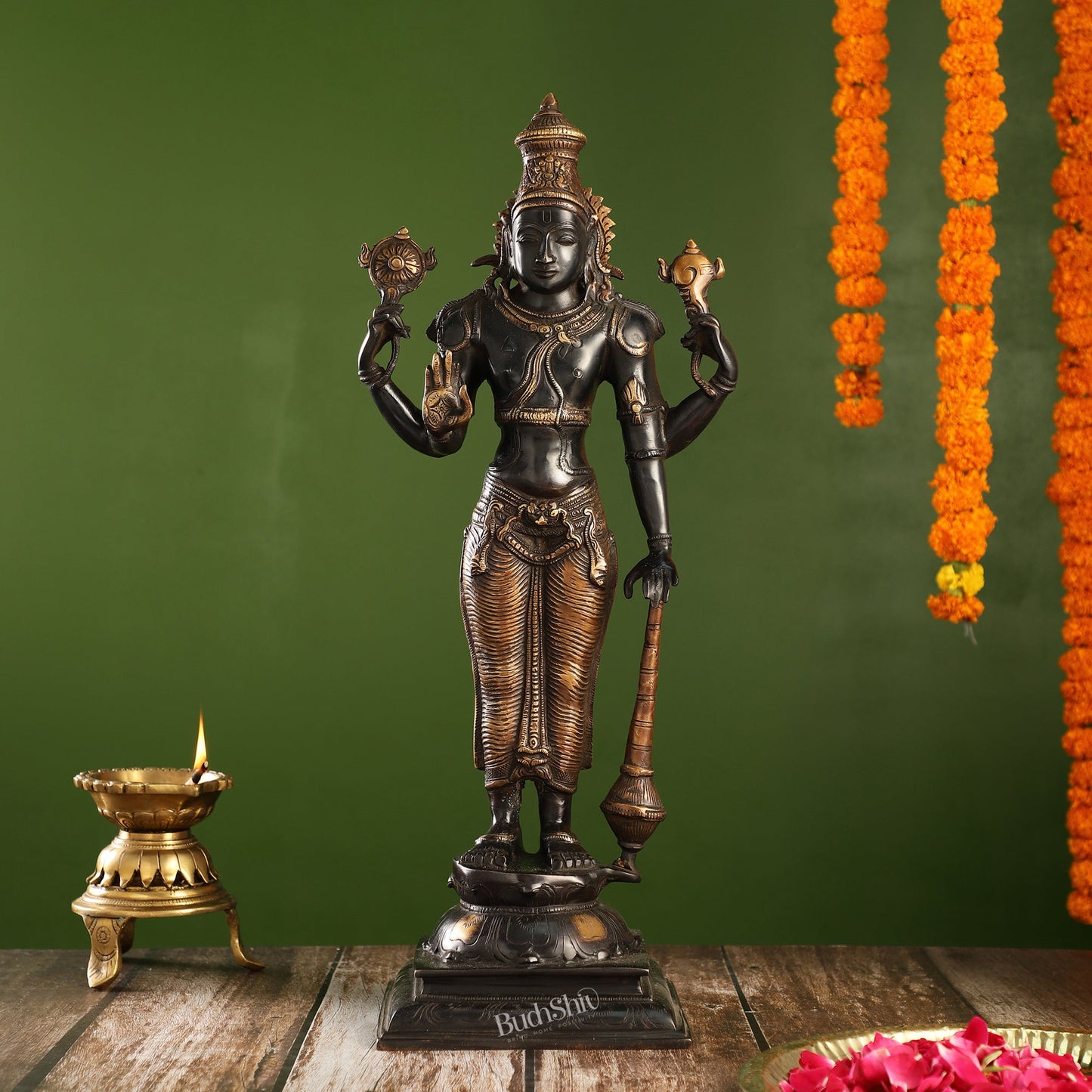 Pure Brass Lord Vishnu Statue | 20" Height | Black Gold Finish
