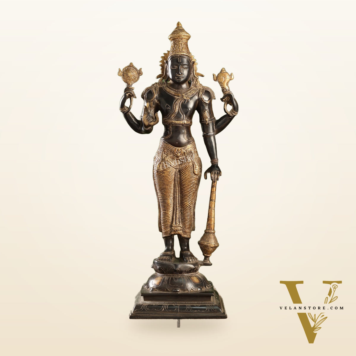 Pure Brass Lord Vishnu Statue | 20" Height | Sand Finish Black & Golden