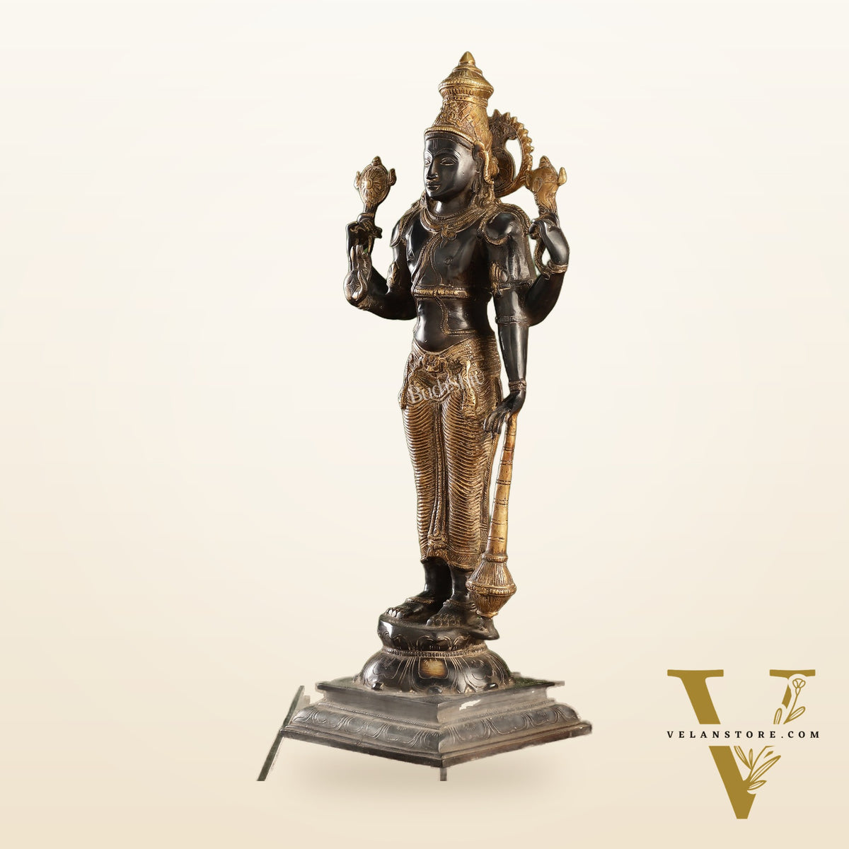 Pure Brass Lord Vishnu Statue | 20" Height | Sand Finish Black & Golden