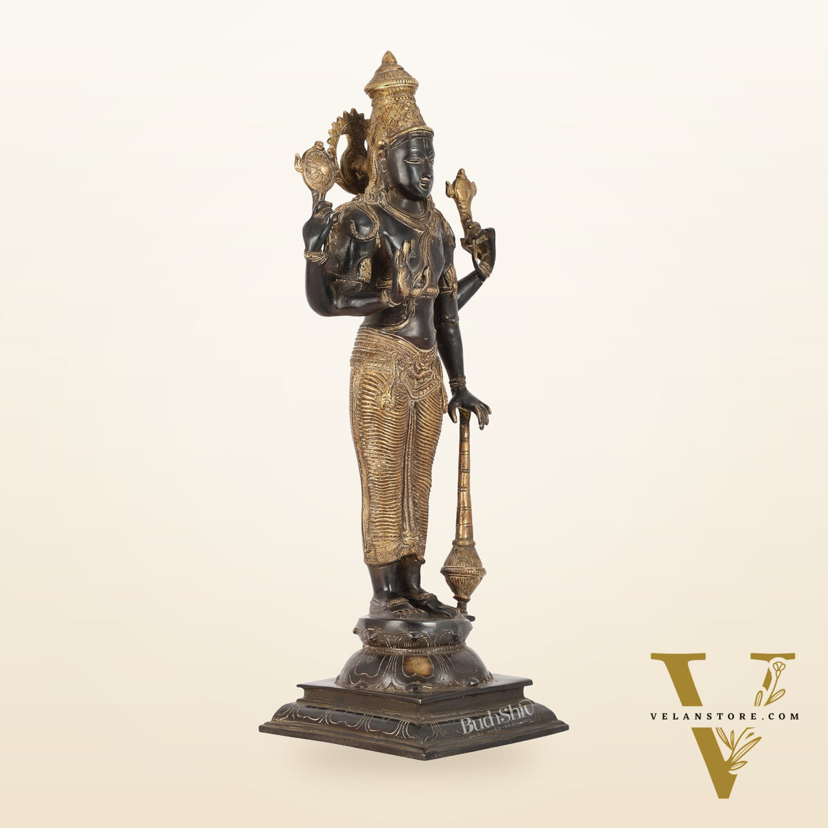 Pure Brass Lord Vishnu Statue | 20" Height | Sand Finish Black & Golden