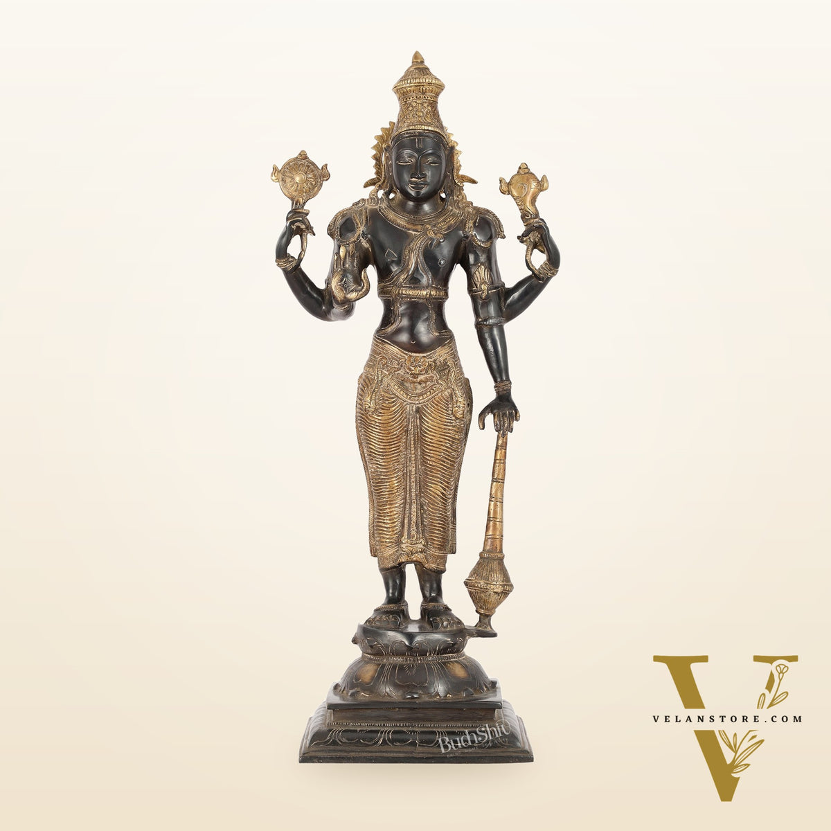 Pure Brass Lord Vishnu Statue | 20" Height | Sand Finish Black & Golden