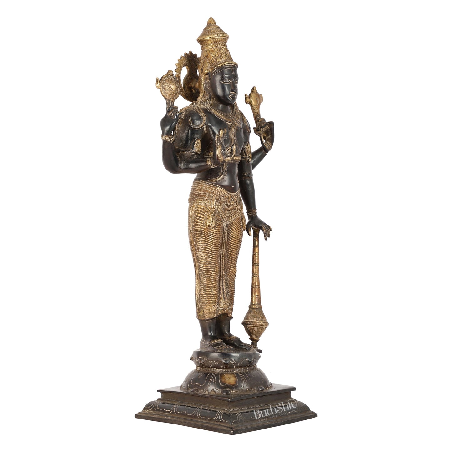 Pure Brass Lord Vishnu Statue | 20" Height | Sand Finish Black & Golden