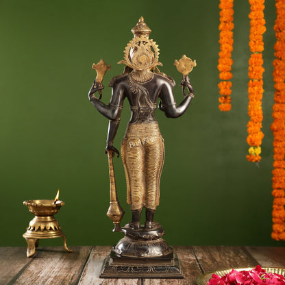 Pure Brass Lord Vishnu Statue | 20" Height | Sand Finish Black & Golden