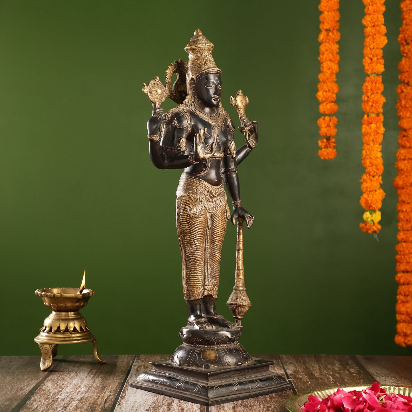 Pure Brass Lord Vishnu Statue | 20" Height | Sand Finish Black & Golden