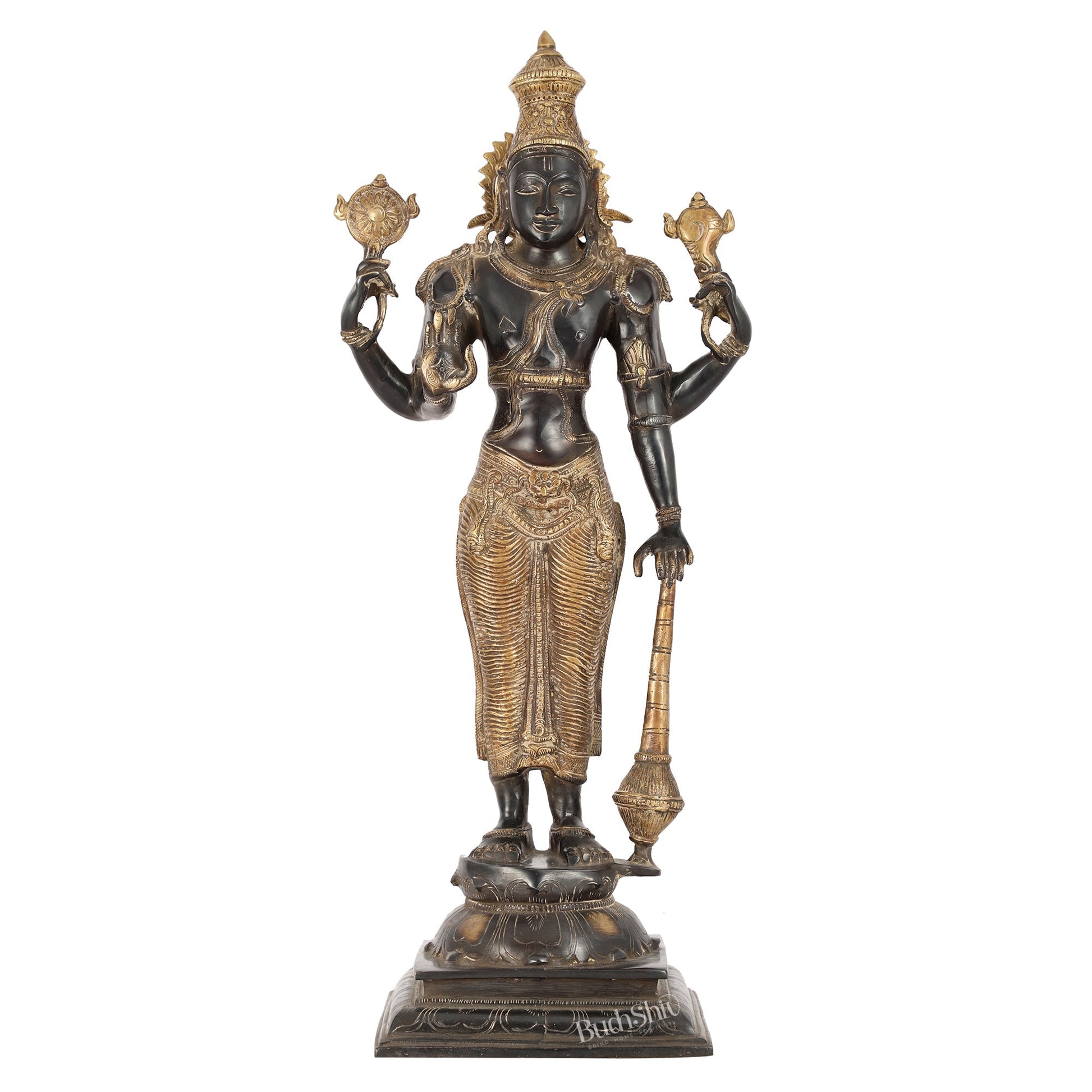 Pure Brass Lord Vishnu Statue | 20" Height | Sand Finish Black & Golden