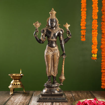 Pure Brass Lord Vishnu Statue | 20" Height | Sand Finish Black & Golden