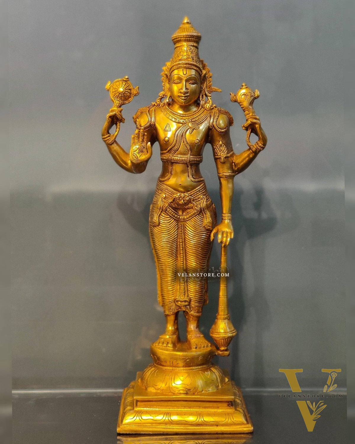 Pure Brass Lord Vishnu Statue - Bright Golden Matte Finish, 20" Tall, 7kg