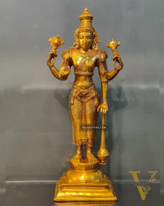 Pure Brass Lord Vishnu Statue - Bright Golden Matte Finish, 20" Tall, 7kg