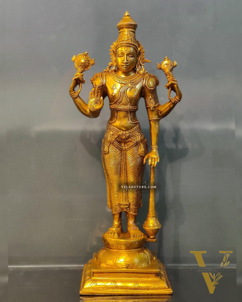 Pure Brass Lord Vishnu Statue - Bright Golden Matte Finish, 20" Tall, 7kg