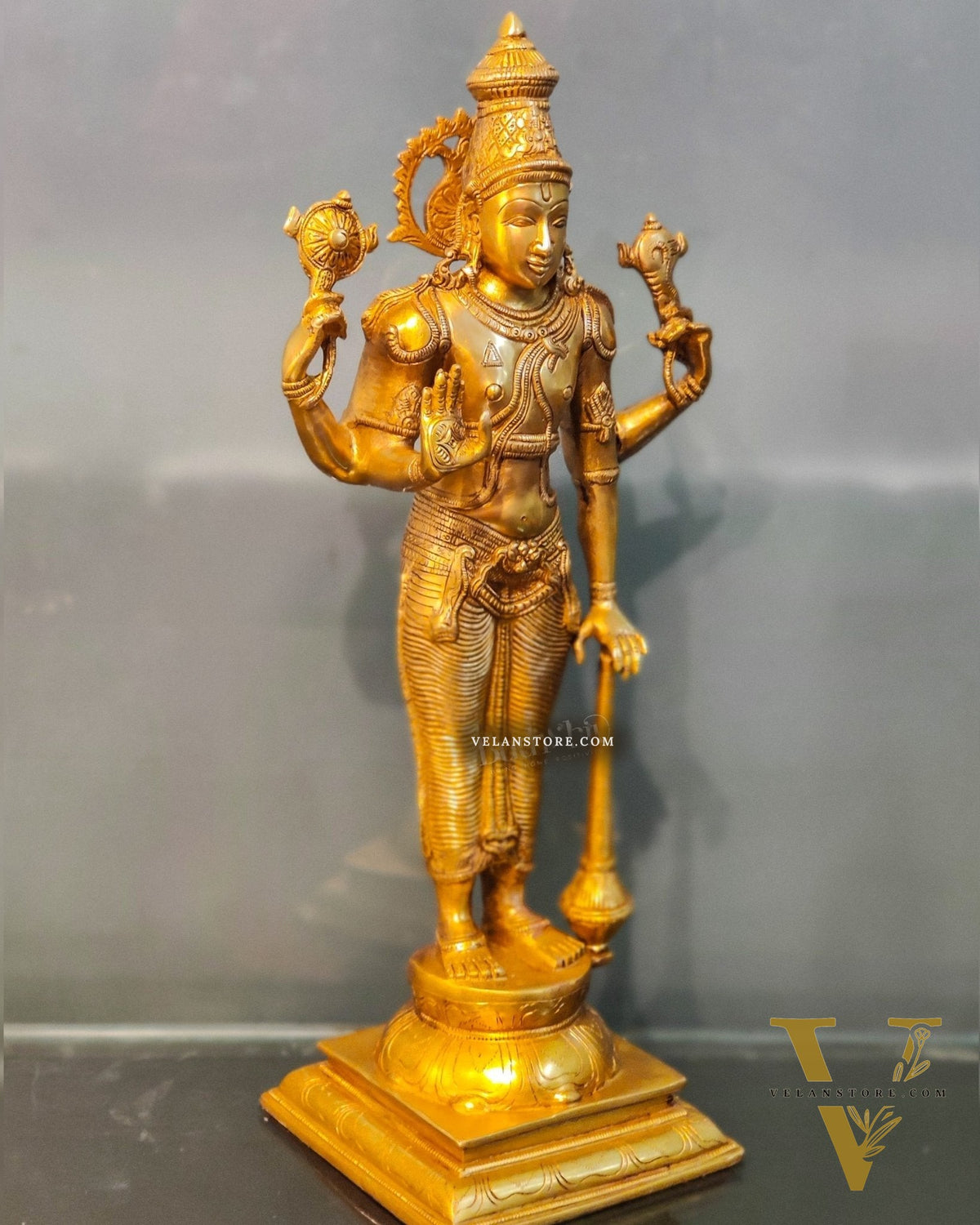 Pure Brass Lord Vishnu Statue - Bright Golden Matte Finish, 20" Tall, 7kg