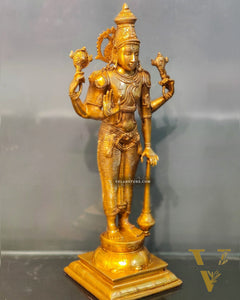 Pure Brass Lord Vishnu Statue - Bright Golden Matte Finish, 20" Tall, 7kg