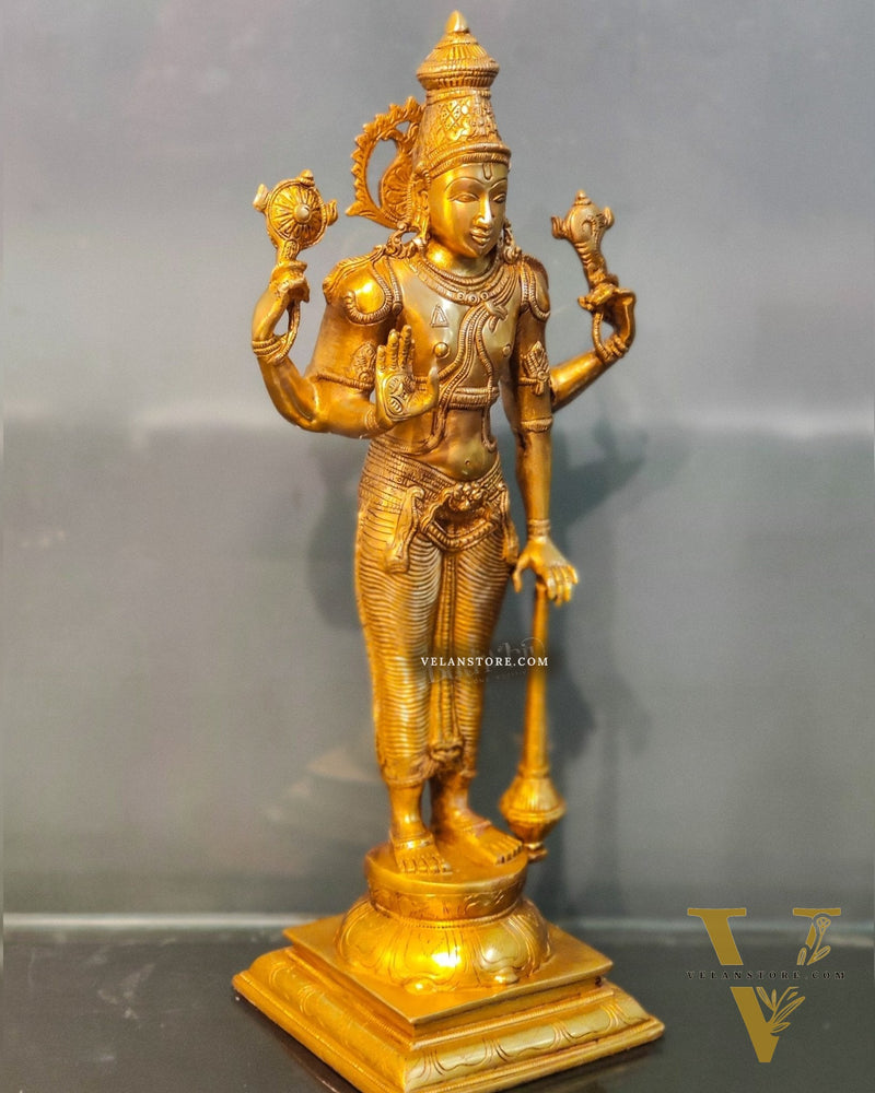 Pure Brass Lord Vishnu Statue - Bright Golden Matte Finish, 20" Tall, 7kg