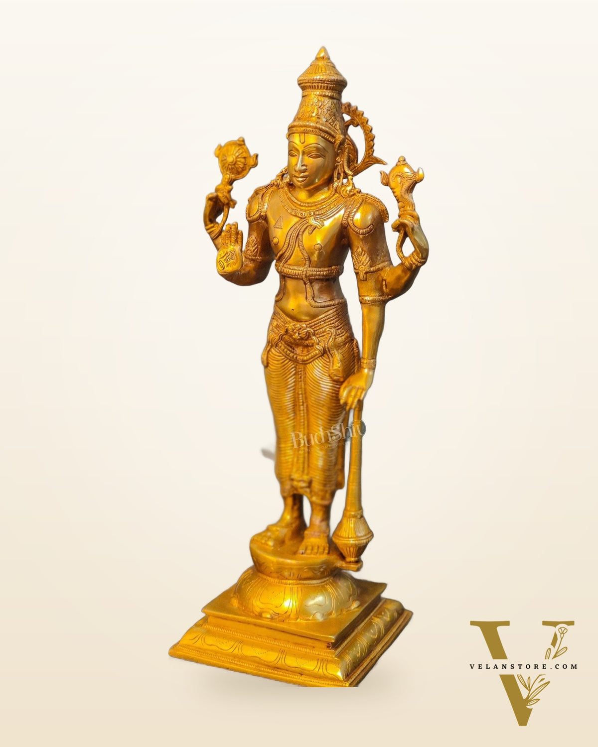 Pure Brass Lord Vishnu Statue - Bright Golden Matte Finish, 20" Tall, 7kg