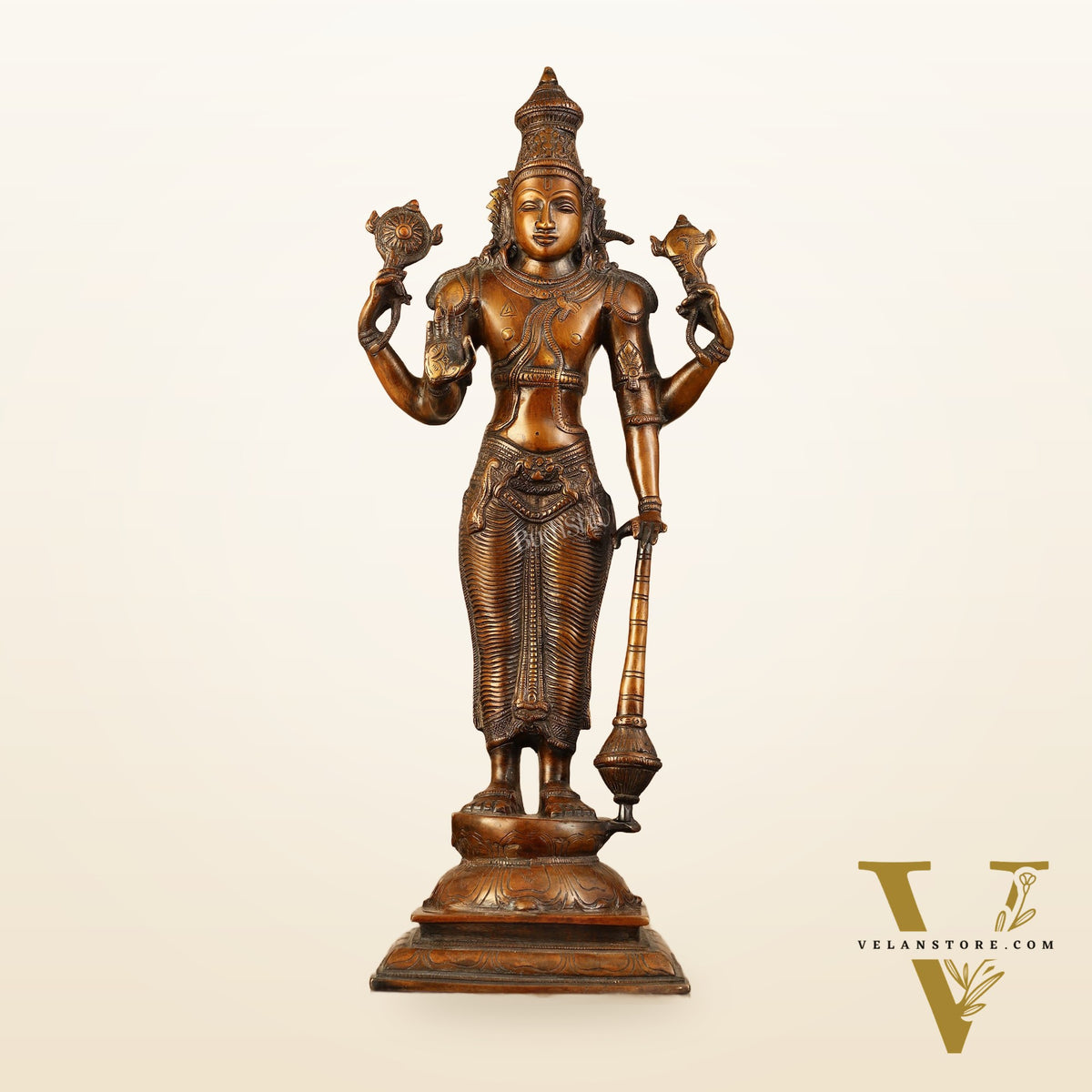 Pure Brass Lord Vishnu Statue - Chola Bronze Finish, 20" Tall, 7kg