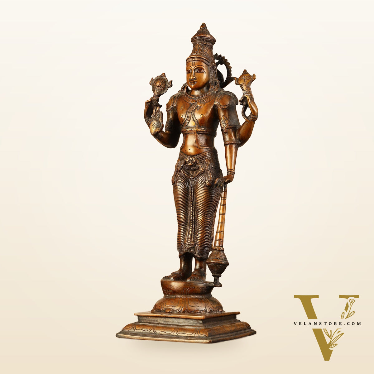 Pure Brass Lord Vishnu Statue - Chola Bronze Finish, 20" Tall, 7kg