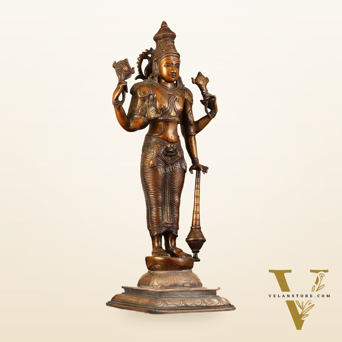 Pure Brass Lord Vishnu Statue - Chola Bronze Finish, 20" Tall, 7kg