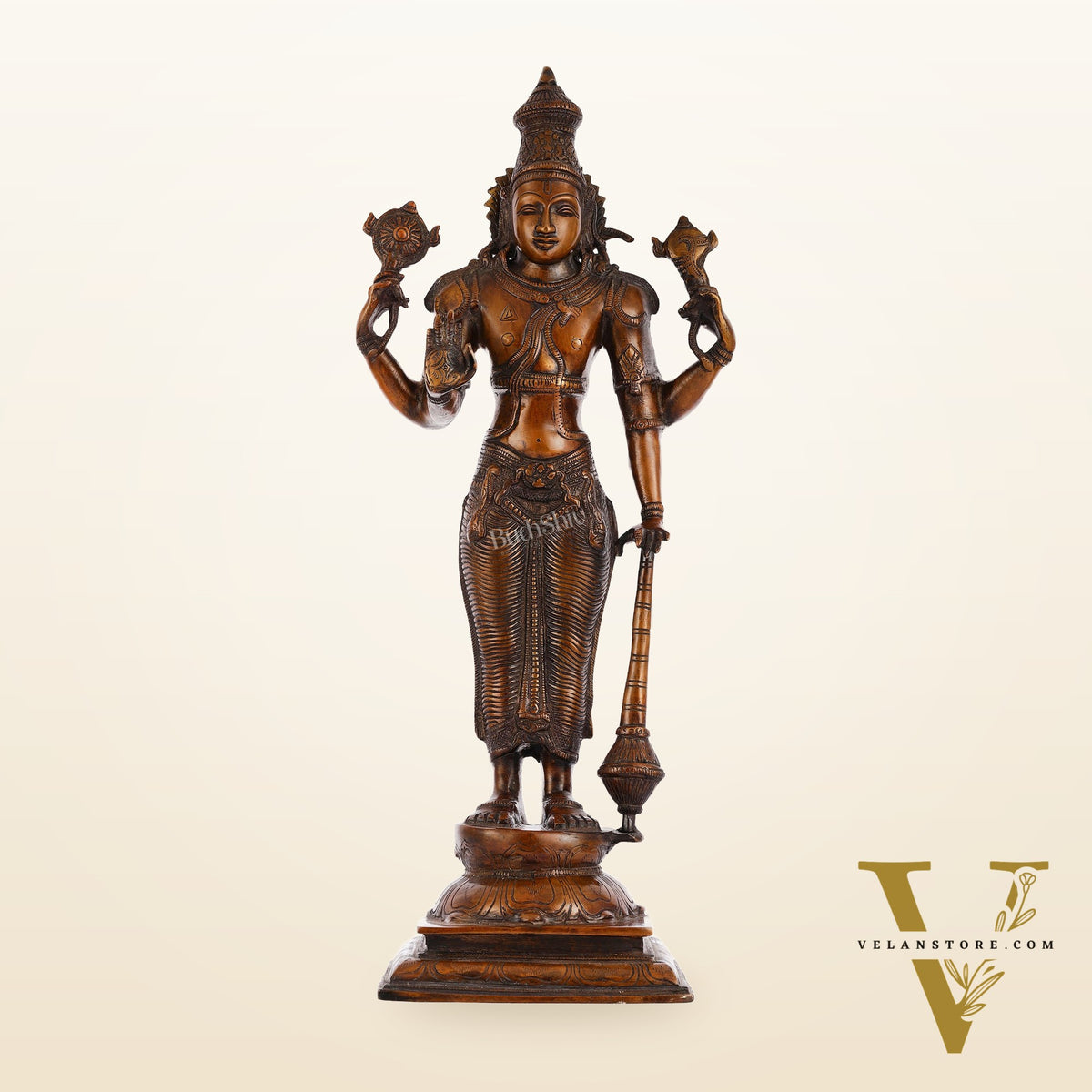Pure Brass Lord Vishnu Statue - Chola Bronze Finish, 20" Tall, 7kg