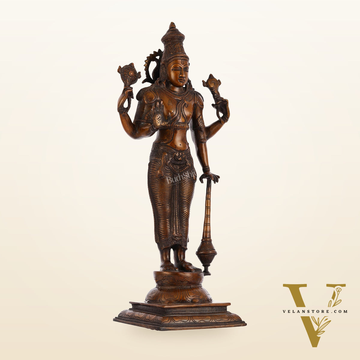 Pure Brass Lord Vishnu Statue - Chola Bronze Finish, 20" Tall, 7kg