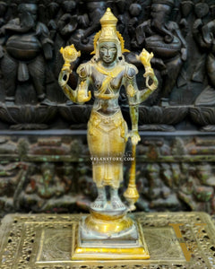 Pure Brass Lord Vishnu Statue - Sandstone Grey and Mustard Patina, 20" Tall, 7kg