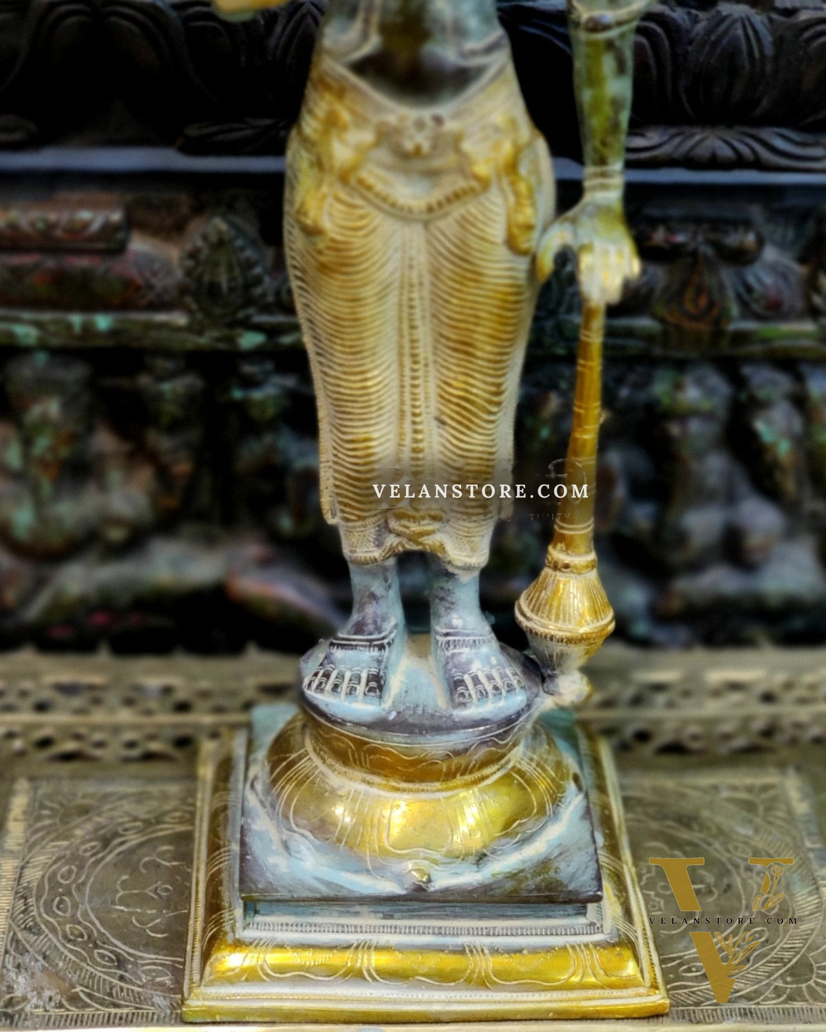 Pure Brass Lord Vishnu Statue - Sandstone Grey and Mustard Patina, 20" Tall, 7kg