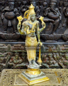 Pure Brass Lord Vishnu Statue - Sandstone Grey and Mustard Patina, 20" Tall, 7kg