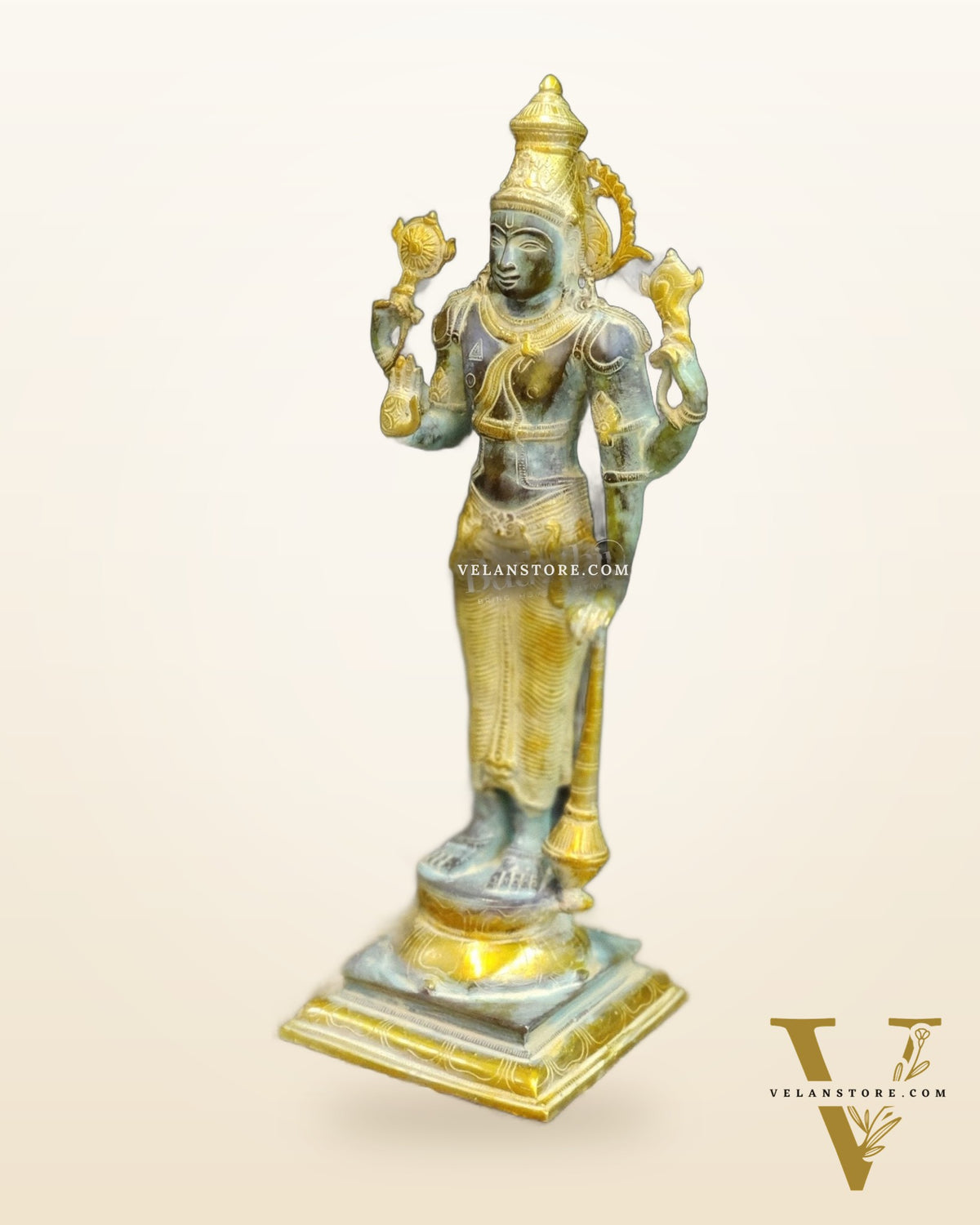 Pure Brass Lord Vishnu Statue - Sandstone Grey and Mustard Patina, 20" Tall, 7kg
