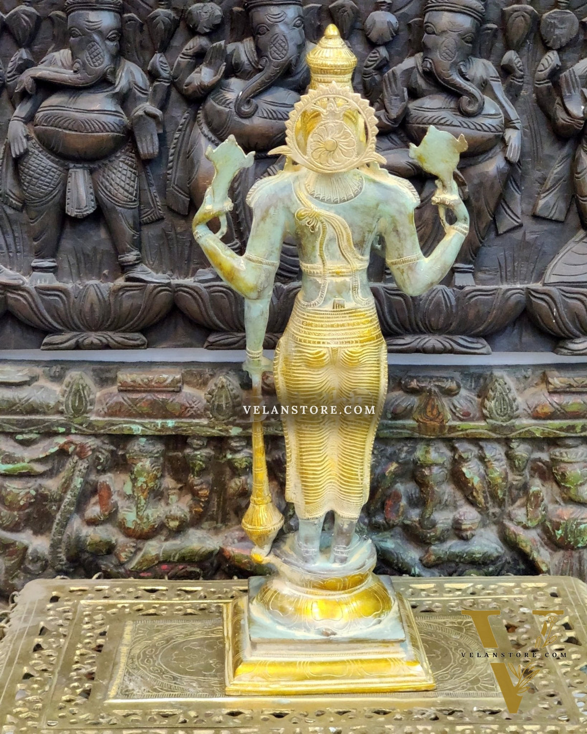 Pure Brass Lord Vishnu Statue - Sandstone Grey and Mustard Patina, 20" Tall, 7kg