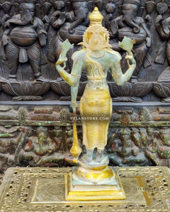 Pure Brass Lord Vishnu Statue - Sandstone Grey and Mustard Patina, 20" Tall, 7kg