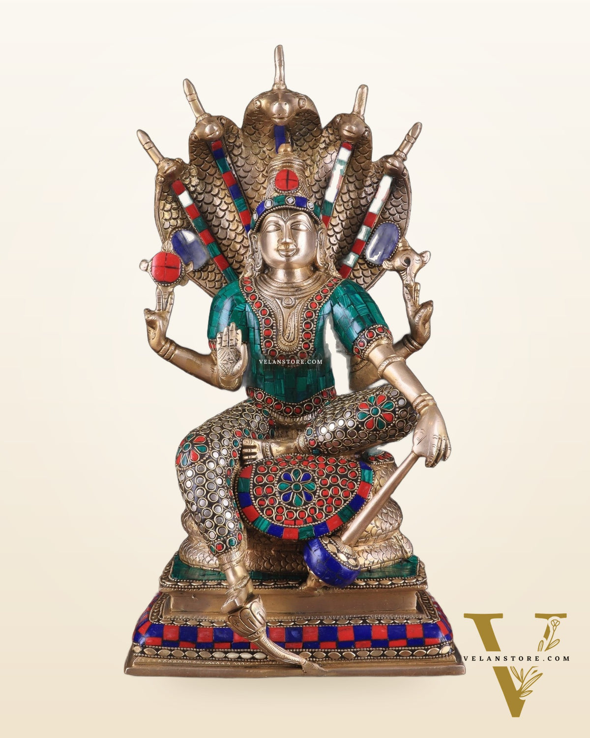 Pure Brass Lord Vishnu statue Sitting Under Sheshanaaga | 11 Inch stonework