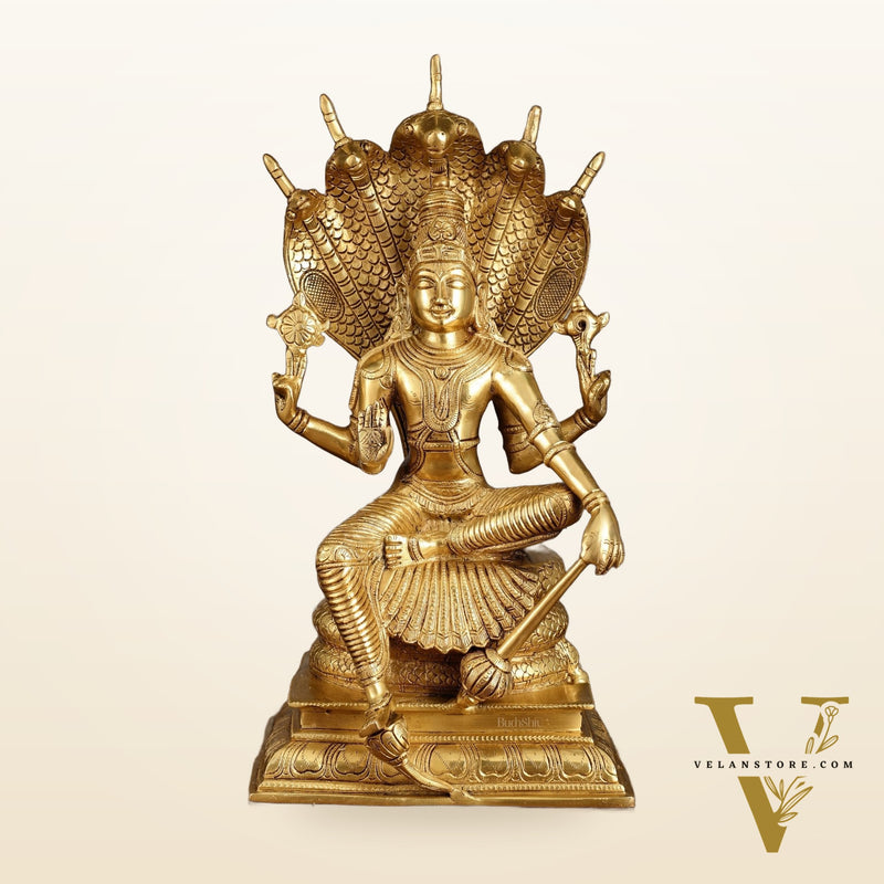 Pure Brass Lord Vishnu statue Sitting Under Sheshanaaga | 11 Inch